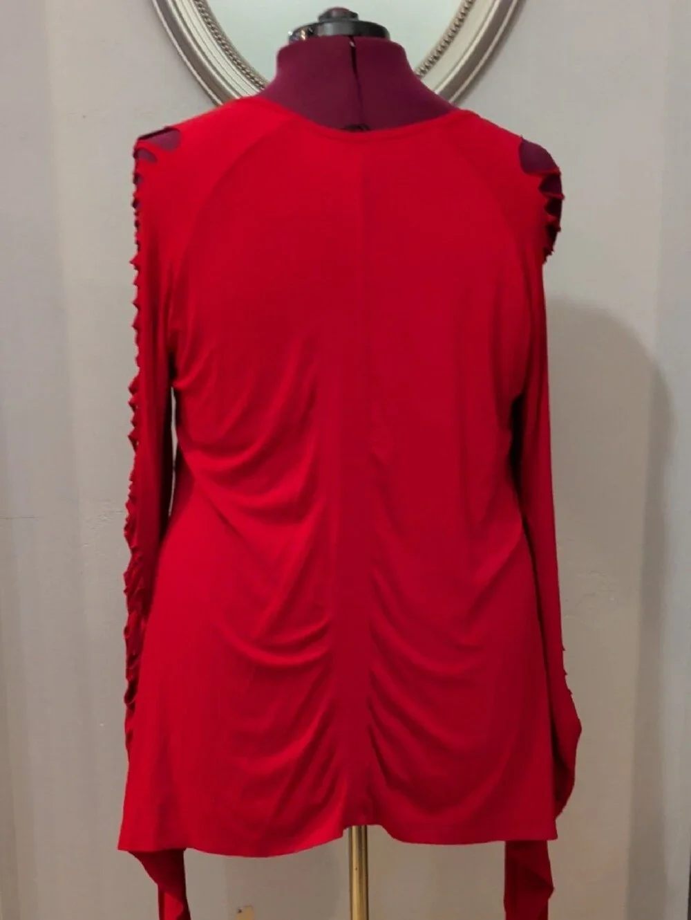 Women’s Red Long-Sleeve Asymmetrical Tunic with Slit-Sleeve Detail